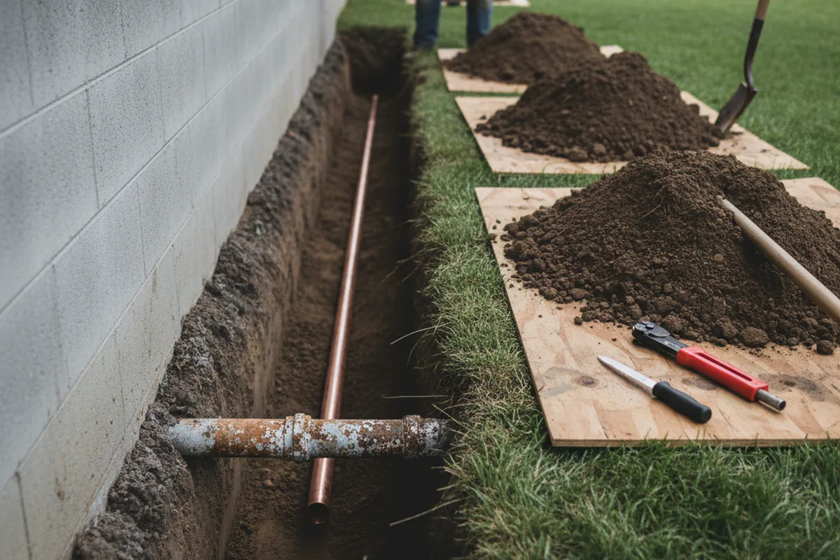 Excavated water line trench during Sewer Line Repair in Northvale